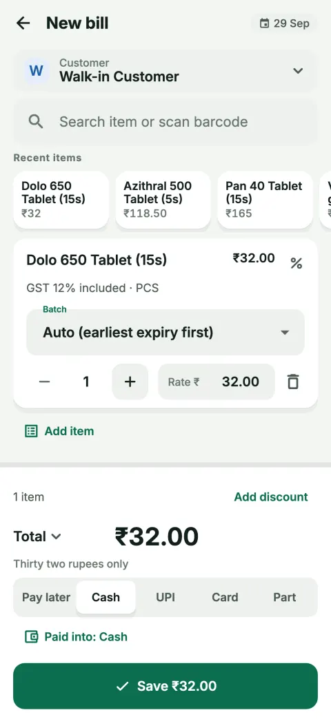 Bill with items and GST calculated